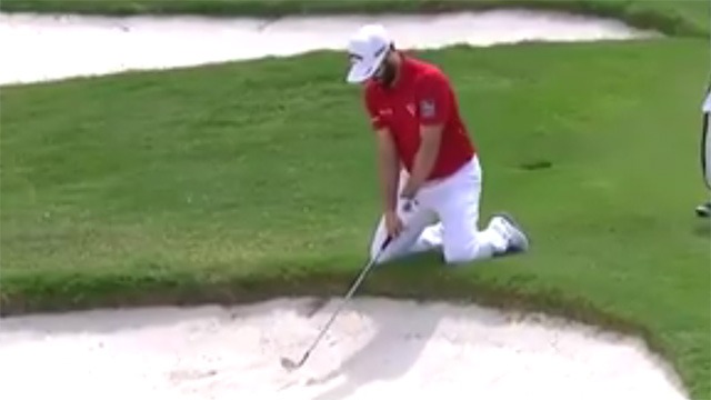 WATCH: Adam Hadwin plays masterful bunker shot — from his knees