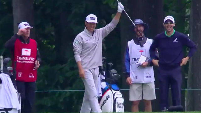 Watch James Hahn slam dunk his first career ace at the Travelers Championship
