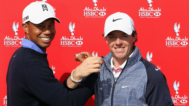 Woods and McIlroy paired together in Abu Dhabi but cool to talk of rivalry