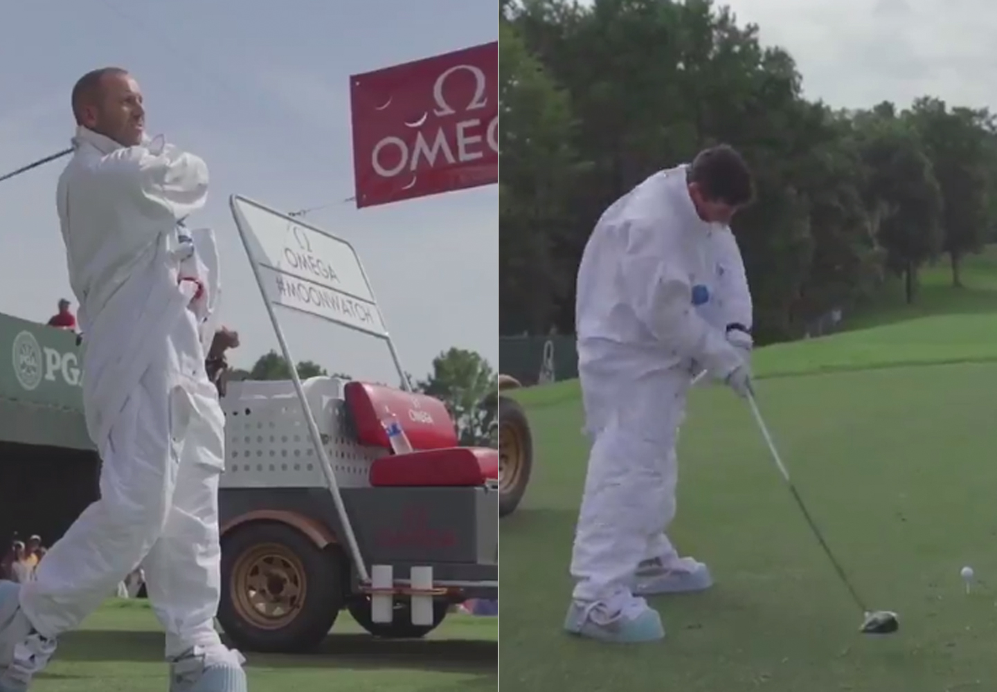 Rory McIlroy, Sergio Garcia hit golf balls -- in spacesuits -- at Quail Hollow