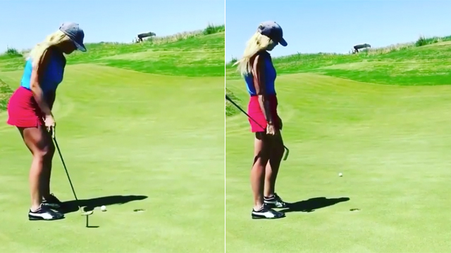 Watch this woman hole one of the craziest putts you've ever seen